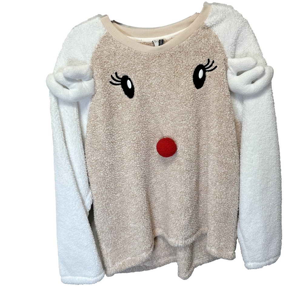 Jaclyn Intimates Reindeer Holiday Tan Fleece Pullover Cozy Sweater XL*